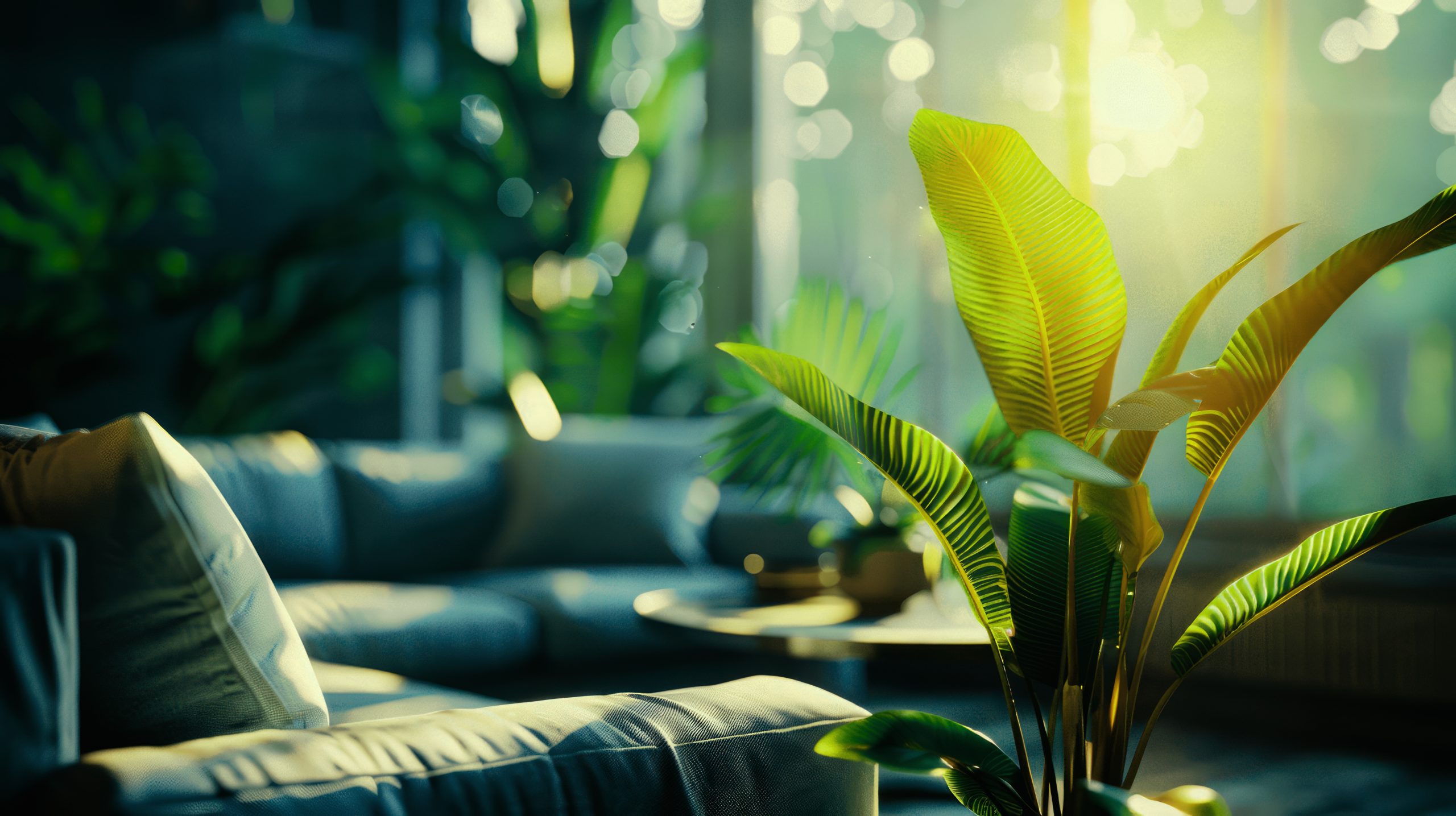 modern living room with green plants sunlight streaming through window minimalist interior scaled
